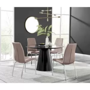 Furniture Box Palma Black Semi Gloss Round Dining Table and 4 Cappuccino Isco Chairs