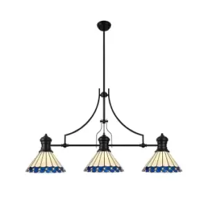 Worcester, 3 Light Linear Ceiling Pendant E27 With 30cm Tiffany Shade, Matt Black, Blue, Cream, Crystal