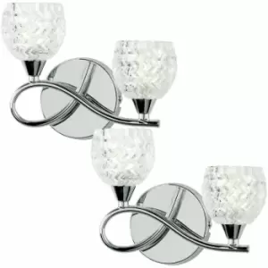 Loops - 2 pack LED Twin Wall Light Twisted Chrome Arm Glass Pattern Shade Dimming Lamp