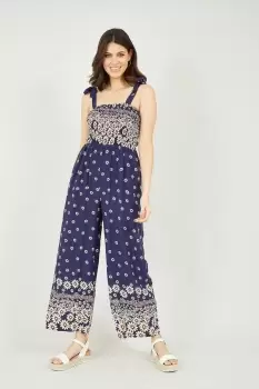 Navy Daisy Border Shirred Tie Jumpsuit