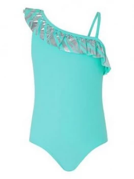 Monsoon Girls Malibu Stripe Frill Swimsuit - Turquoise Size Age: 11-12 Years, Women