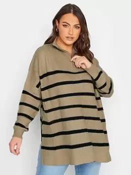 Yours Zip Neck Jumper - Neutral Stripe AIR, Natural, Size 14-16, Women