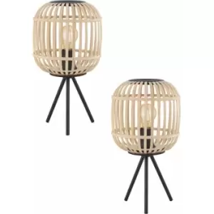 2 pack Table Lamp Desk Light Black Tripod & Round Wood Cage Shade 1x 28W E27