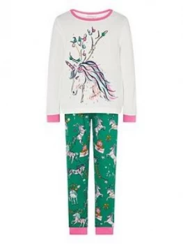 Monsoon Girls Christmas Unicorn Jersey Pyjamas - Green, Size 5-6 Years, Women