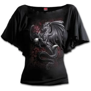 Dragon Rose Boat Neck Bat Sleeve Womens Medium Short Sleeve Top - Black