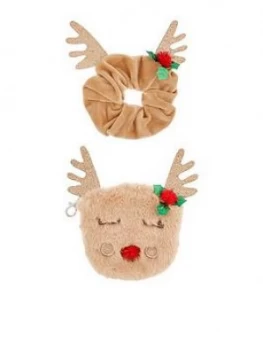 Monsoon Girls Festive Reindeer Purse And Scrunchie Set - Red