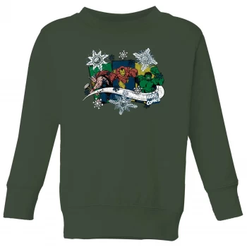 Marvel Thor Iron Man Hulk Snowflake Kids Christmas Sweatshirt - Forest Green - 7-8 Years