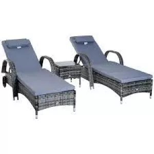 Outsunny 2 Seat Rattan Sun Lounger Set with Table Grey Garden & Outdoor