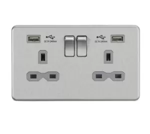 KnightsBridge 13A 2G switched socket with dual USB charger A + A (2.4A) - Brushed chrome with grey insert