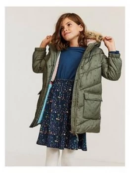 FatFace Girls Lily Longline Printed Padded Coat - Khaki, Size 6-7 Years, Women