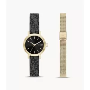 DKNY Womens Soho Three-Hand Black Fabric Watch And Strap Set - Gold