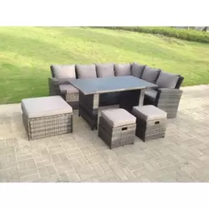 Fimous 6 Seater Outdoor Dark Grey Rattan Lounge Complete Sofa Set with Black Tempered Glass Dining Table, 2 Stools and Big Footstool