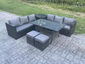 Fimous 6 Seater Outdoor Dark Grey Rattan Lounge Complete Sofa Set with Rectangular Dining Table and 2 Stools