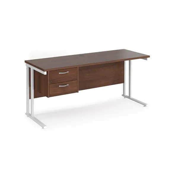 Maestro 25 Walnut Straight Desk with 2 Drawer Pedestal and White Cantilever Leg Frame - 1600mm x 600mm