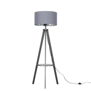 Morrigan Grey Wood Tripod Floor Lamp with XL Grey and Chrome Reni Sha