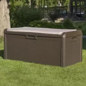 HUGE 550 Litre Plastic Outdoor Garden Storage Chest Brown Rattan with Cushion