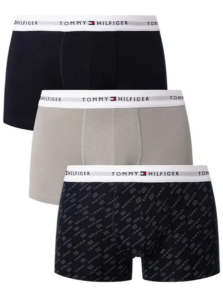 Tommy Hilfiger 3 Pack Signature Cotton Essentials Trunks Logo Flag/Antique Silver/Desert Sky XXL