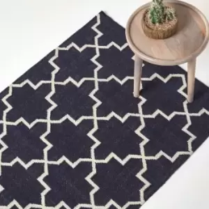 Edmonton Navy Blue and White 100% Cotton Geometric Pattern KIlim Rug, 90 x 150cm - Blue - Homescapes