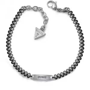 GUESS silver bead bracelet with rhodium plated logo plaque.