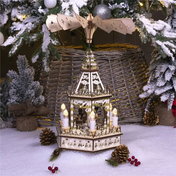 Traditional German 1 Tier Rotating Wooden Christmas Pyramid with 6 LED Candle Lights Battery Powered ELV-063254