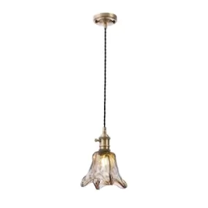 Leyden Switched Ceiling Pendant 1.5m, E27, Antique Brass, Black Twisted Cable, Brown Flower Glass