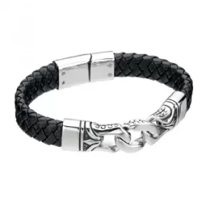 Mens Fred Bennett Stainless Steel Black Enamel Leather 23cm Bracelet