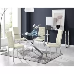 Furniturebox UK - Furniturebox Leonardo 4 Chrome Leg Glass Dining Table and 4 Cream Milan Velvet Dining Chairs Diamond Stitch Modern Contemporary