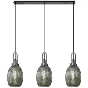 Luminosa Acree Linear 3 Light Ceiling Pendant With 20cm Almond Ribbed Glass, Black Chrome, Matt Black Smoked