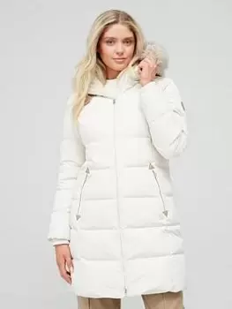 Lauren by Ralph Lauren Long Line Padded Coat With Faux Fur Hood - Cream Size M Women