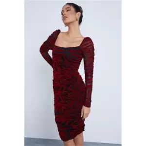 I Saw It First Red Velvet Mesh Zebra Square Neck Ruched Sleeve Bodycon Dress - Red