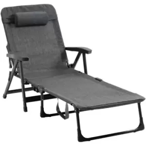 Folding Chaise Lounge, Garden Lounger Headrest Cup Holder, Dark Grey - Dark Grey - Outsunny