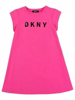 DKNY Girls Short Sleeve Logo Jersey Swing Dress - Bright Pink, Bright Pink, Size 14 Years, Women