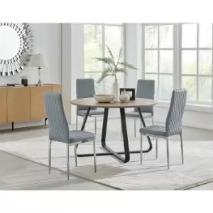 Santorini Brown Wood Contemporary Round Dining Table And 4 Grey Milan Chairs Set - Elephant Grey