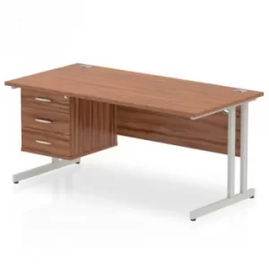 Impulse 1600 Rectangle Silver Cant Leg Desk WALNUT 1 x 3 Drawer Fixed Ped