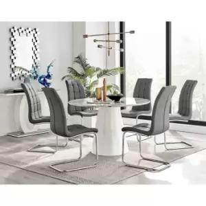 Furniture Box Palma White Marble Effect Round Dining Table and 6 Grey Murano Chairs