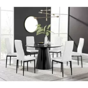 Furniture Box Palma Black Semi Gloss Round Dining Table and 6 White Milan Black Leg Chairs