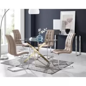 Furniturebox Leonardo 120cm Modern Glass And Gold Metal Leg Dining Table And 4 Cappuccino Beige Murano Faux Leather Silver Chrome Leg Dining Chairs