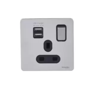 Schneider Electric Ultimate Screwless Flat Plate - Switched Single Power Socket with USB Charging Ports, Double Pole, 13A, GGBGU34102USBABSS, Stainles