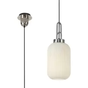 Luminosa 1 Light Pendant E27 With 20cm Tubular Ribbed Glass, Opal Polished Nickel, Matt Black