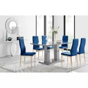 Furniture Box Imperia 6 Grey Dining Table and 6 Navy Velvet Milan Gold Leg Chairs