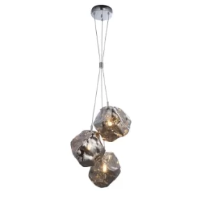 Rock Modern Contemporary 3 Light Cluster Pendant Metallic Chrome Glass Shade Chrome Plated