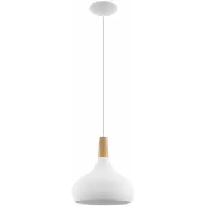 Pendant Ceiling Light Colour White Steel Shade Brown Wood Bulb E27 1x60W