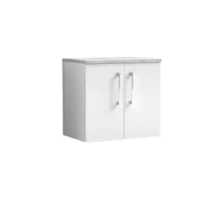 Nuie Arno 600mm Wall Hung 2 Door Vanity & Bellato Grey Laminate Top Gloss White