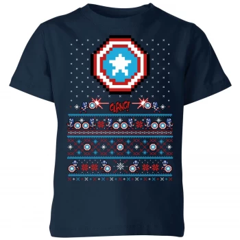 Marvel Avengers Captain America Pixel Art Kids Christmas T-Shirt - Navy - 3-4 Years - Navy