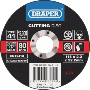 Draper Multi Purpose Cutting Disc 115mm 1.6mm 22mm