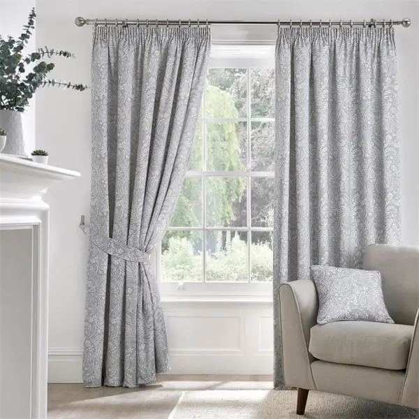 Dreams and Drapes 100% Cotton Jacobean Motif Curtains With Tie-Backs Pencil Pleat Curtains 66x54in Grey 38031802003