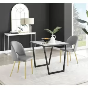 Furniturebox Carson White Marble Effect Square Dining Table & 2 Grey Arlon Gold Leg Velvet Chairs