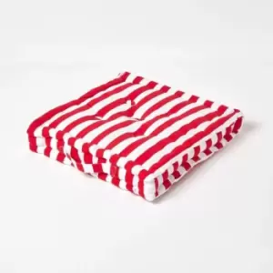 Cotton Red Thick Stripe Floor Cushion, 40 x 40cm - Red - Homescapes