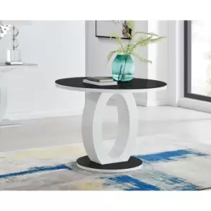 Furniturebox Giovani Round 2 4 Seat 100cm Round White High Gloss Dining Table with Black Glass Top and Unique Modern Halo Structural Plinth Base