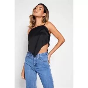 I Saw It First Satin Cami Strap Hankerchief Hem Crop Top - Black